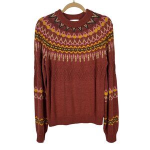 Savanna Jane Womens Small Fair Isle Knit Mock Neck Sweater Rust Red Pink Yellow